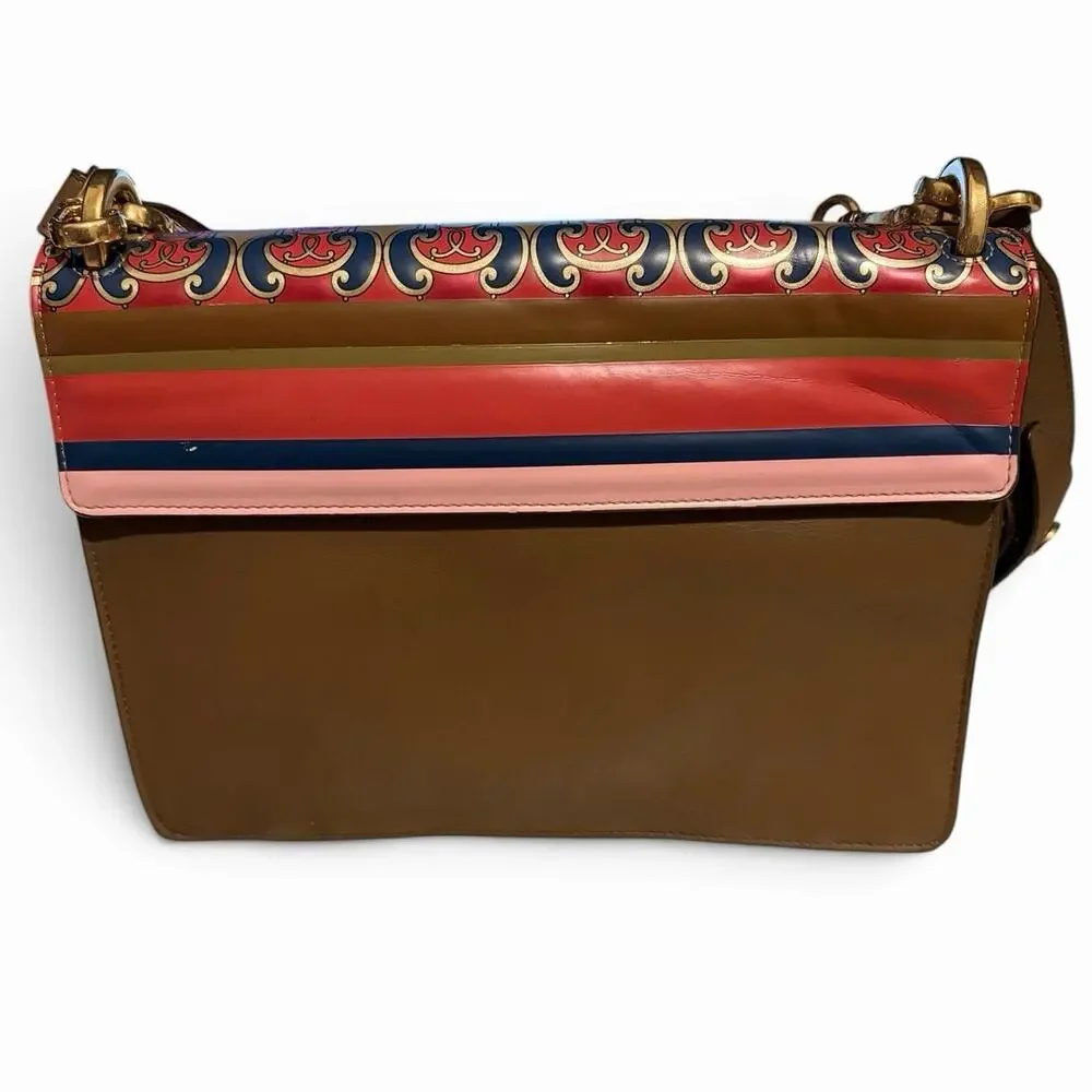 Fendi Kan I Medium FF Logo Print Flap Shoulder Bag Gold Chain Crossbody Khaki